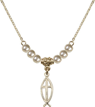 18" Hamilton Gold Plated Necklace with 4mm Faux-Pearl Beads featuring a 14kt Gold Filled Fish / Cross Medal.
