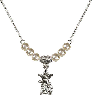 18" Rhodium Plated Necklace with 4mm Faux-Pearl Beads featuring a Sterling Silver Guardian Angel Medal.