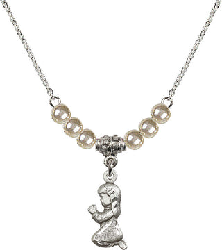18" Rhodium Plated Necklace with 4mm Faux-Pearl Beads featuring a Sterling Silver Praying Girl Medal.