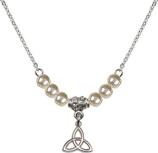 18" Rhodium Plated Necklace with 4mm Faux-Pearl Beads featuring a Sterling Silver Trinity Irish Knot Medal.