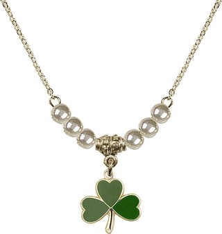 18" Hamilton Gold Plated Necklace with 4mm Faux-Pearl Beads featuring a 14kt Gold Filled Shamrock Medal.