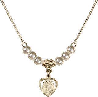 18" Hamilton Gold Plated Necklace with 4mm Faux-Pearl Beads featuring a 14kt Gold Filled Miraculous Medal.