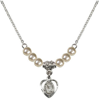 18" Rhodium Plated Necklace with 4mm Faux-Pearl Beads featuring a Sterling Silver Scapular Medal.
