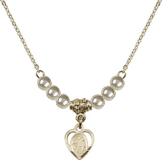 18" Hamilton Gold Plated Necklace with 4mm Faux-Pearl Beads featuring a 14kt Gold Filled Guardian Angel Medal. Engraved Catholic Saint Jewelry