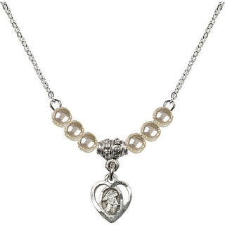 18" Rhodium Plated Necklace with 4mm Faux-Pearl Beads featuring a Sterling Silver Guardian Angel Medal. Engraved Catholic Saint Jewelry
