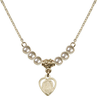 18" Hamilton Gold Plated Necklace with 4mm Faux-Pearl Beads featuring a 14kt Gold Filled Infant Medal. Engraved Catholic Saint Jewelry
