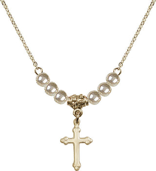 18" Hamilton Gold Plated Necklace with 4mm Faux-Pearl Beads featuring a 14kt Gold Filled Cross Medal.