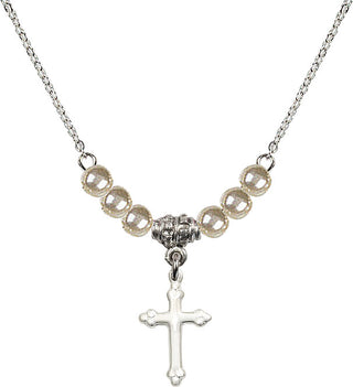 18" Rhodium Plated Necklace with 4mm Faux-Pearl Beads featuring a Sterling Silver Cross Medal.