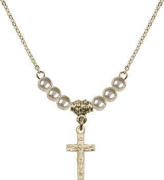 18" Hamilton Gold Plated Necklace with 4mm Faux-Pearl Beads featuring a 14kt Gold Filled Crucifix Medal.