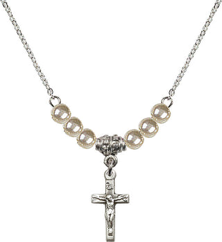 18" Rhodium Plated Necklace with 4mm Faux-Pearl Beads featuring a Sterling Silver Crucifix Medal.