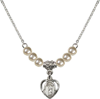 18" Rhodium Plated Necklace with 4mm Faux-Pearl Beads featuring a Sterling Silver Our Lady of Guadalupe Medal.