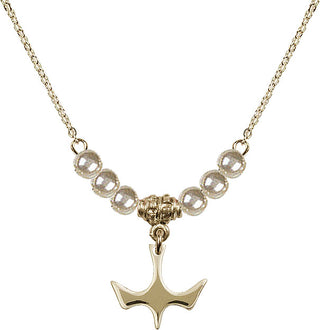 18" Hamilton Gold Plated Necklace with 4mm Faux-Pearl Beads featuring a 14kt Gold Filled Holy Spirit Medal.
