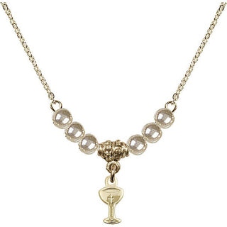 18" Hamilton Gold Plated Necklace with 4mm Faux-Pearl Beads featuring a 14kt Gold Filled Chalice Medal.