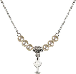 18" Rhodium Plated Necklace with 4mm Faux-Pearl Beads featuring a Sterling Silver Chalice Medal.