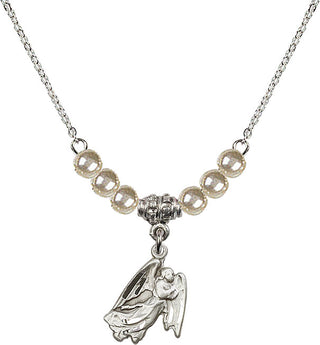 18" Rhodium Plated Necklace with 4mm Faux-Pearl Beads featuring a Sterling Silver Guardian Angel Medal.
