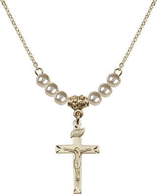 18" Hamilton Gold Plated Necklace with 4mm Faux-Pearl Beads featuring a 14kt Gold Filled Crucifix Medal.