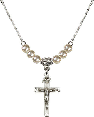 18" Rhodium Plated Necklace with 4mm Faux-Pearl Beads featuring a Sterling Silver Crucifix Medal.