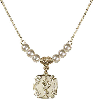 18" Hamilton Gold Plated Necklace with 4mm Faux-Pearl Beads featuring a 14kt Gold Filled Saint Florian Medal. Engraved Catholic Saint Jewelry