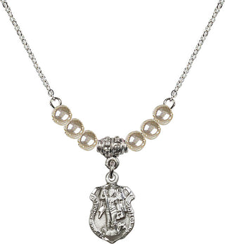 18" Rhodium Plated Necklace with 4mm Faux-Pearl Beads featuring a Sterling Silver Saint Michael the Archangel Medal. Engraved Catholic Saint Jewelry