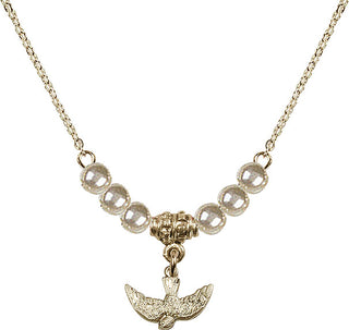 18" Hamilton Gold Plated Necklace with 4mm Faux-Pearl Beads featuring a 14kt Gold Filled Holy Spirit Medal.