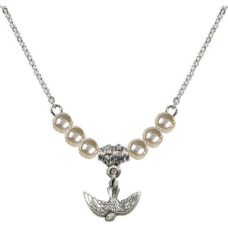 18" Rhodium Plated Necklace with 4mm Faux-Pearl Beads featuring a Sterling Silver Holy Spirit Medal.