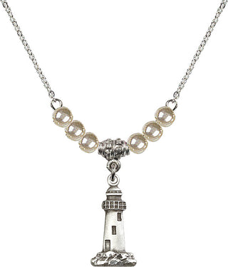 18" Rhodium Plated Necklace with 4mm Faux-Pearl Beads featuring a Sterling Silver Lighthouse Medal.
