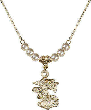 18" Hamilton Gold Plated Necklace with 4mm Faux-Pearl Beads featuring a 14kt Gold Filled Saint Michael the Archangel Medal.