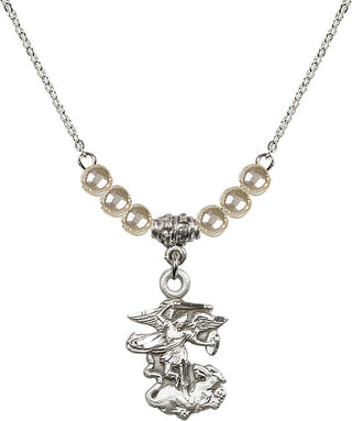 18" Rhodium Plated Necklace with 4mm Faux-Pearl Beads featuring a Sterling Silver Saint Michael the Archangel Medal.