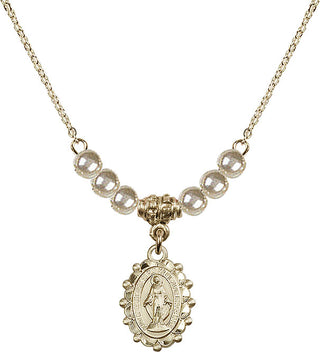 18" Hamilton Gold Plated Necklace with 4mm Faux-Pearl Beads featuring a 14kt Gold Filled Miraculous Medal.