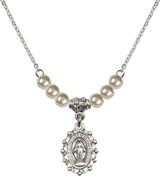 18" Rhodium Plated Necklace with 4mm Faux-Pearl Beads featuring a Sterling Silver Miraculous Medal.