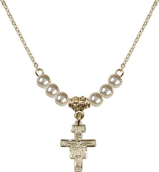 18" Hamilton Gold Plated Necklace with 4mm Faux-Pearl Beads featuring a 14kt Gold Filled San Damiano Crucifix Medal.