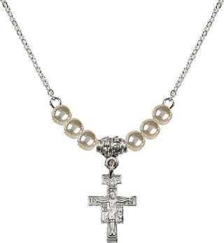 18" Rhodium Plated Necklace with 4mm Faux-Pearl Beads featuring a Sterling Silver San Damiano Crucifix Medal.