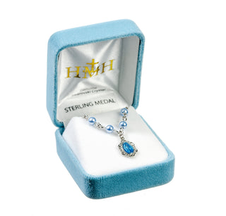 4mm Blue Finest Austrian Crystal Pearls | Sterling Silver Blue Enamel Miraculous Pendant 18-inch Chain