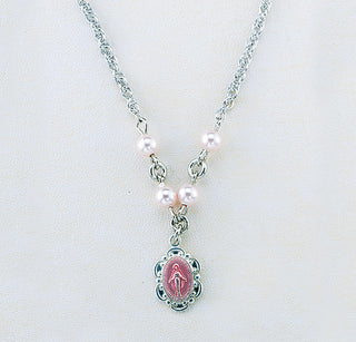 4mm Pink Finest Austrian Crystal Pearls | Sterling Silver Pink Enamel Miraculous Pendant 18-inch Chain
