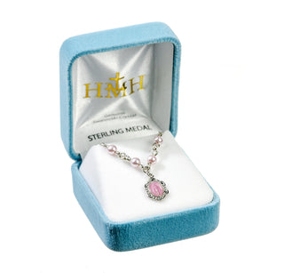4mm Pink Finest Austrian Crystal Pearls | Sterling Silver Pink Enamel Miraculous Pendant 18-inch Chain