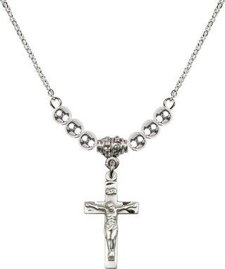 18" Rhodium Plated Necklace with 4mm Sterling Silver Beads featuring a Sterling Silver Crucifix Medal.