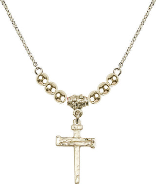 18" Hamilton Gold Plated Necklace with 4mm 14kt Gold Filled Beads featuring a 14kt Gold Filled Nail Cross Medal.