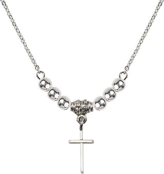 18" Rhodium Plated Necklace with 4mm Sterling Silver Beads featuring a Sterling Silver Cross Medal.