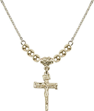 18" Hamilton Gold Plated Necklace with 4mm 14kt Gold Filled Beads featuring a 14kt Gold Filled Nail Crucifix Medal.