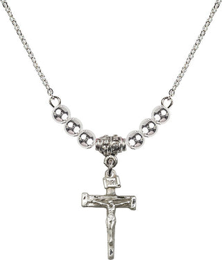 18" Rhodium Plated Necklace with 4mm Sterling Silver Beads featuring a Sterling Silver Nail Crucifix Medal.