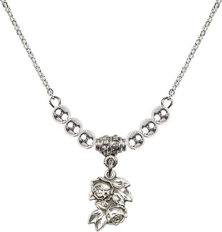 18" Rhodium Plated Necklace with 4mm Sterling Silver Beads featuring a Sterling Silver Rose Medal.