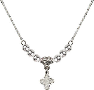 18" Rhodium Plated Necklace with 4mm Sterling Silver Beads featuring a Sterling Silver 4-Way Medal.