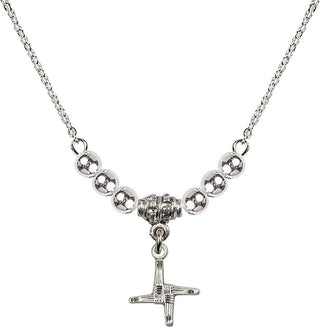 18" Rhodium Plated Necklace with 4mm Sterling Silver Beads featuring a Sterling Silver Saint Brigid Cross Medal.