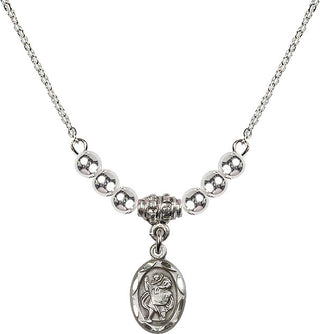 18" Rhodium Plated Necklace with 4mm Sterling Silver Beads featuring a Sterling Silver Saint Christopher Medal.