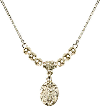 18" Hamilton Gold Plated Necklace with 4mm 14kt Gold Filled Beads featuring a 14kt Gold Filled Our Lady of Guadalupe Medal.