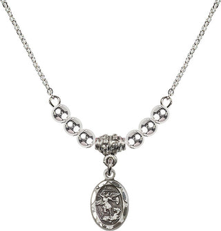 18" Rhodium Plated Necklace with 4mm Sterling Silver Beads featuring a Sterling Silver Saint Michael the Archangel Medal.