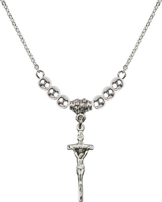 18" Rhodium Plated Necklace with 4mm Sterling Silver Beads featuring a Sterling Silver Papal Crucifix Medal.