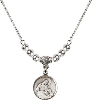 18" Rhodium Plated Necklace with 4mm Sterling Silver Beads featuring a Sterling Silver Saint Ann Medal. Engraved Catholic Saint Jewelry