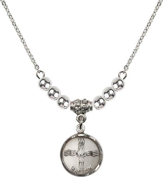 18" Rhodium Plated Necklace with 4mm Sterling Silver Beads featuring a Sterling Silver Baptism Medal. Engraved Catholic Saint Jewelry