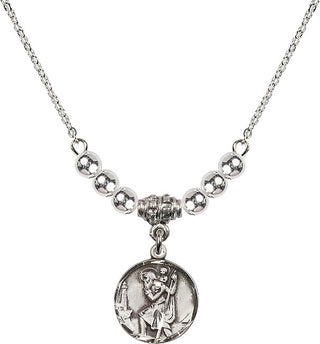 18" Rhodium Plated Necklace with 4mm Sterling Silver Beads featuring a Sterling Silver Saint Christopher Medal. Engraved Catholic Saint Jewelry